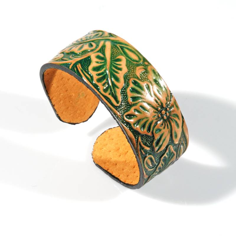 bracciale-in-cuoio-inciso-foglie-verde