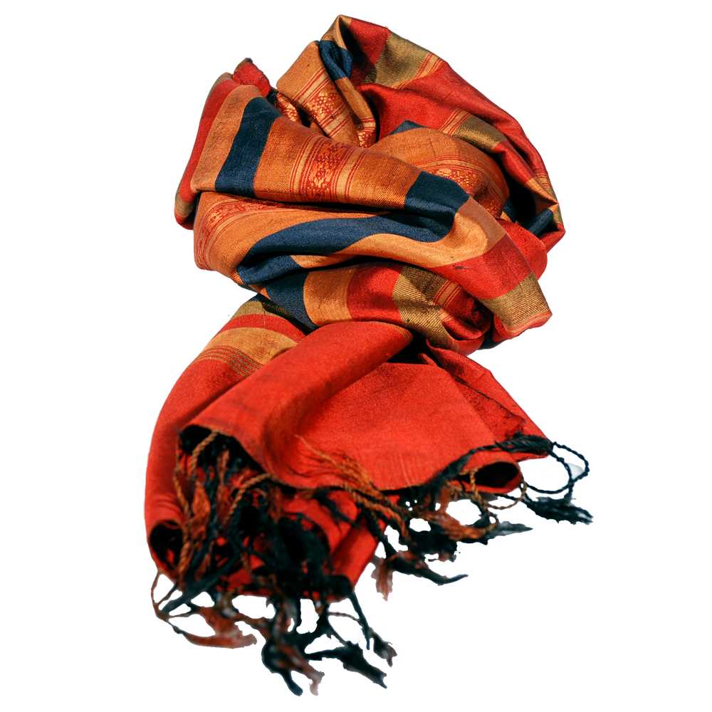 Stola in pura seta a righe rosso, oro e blu