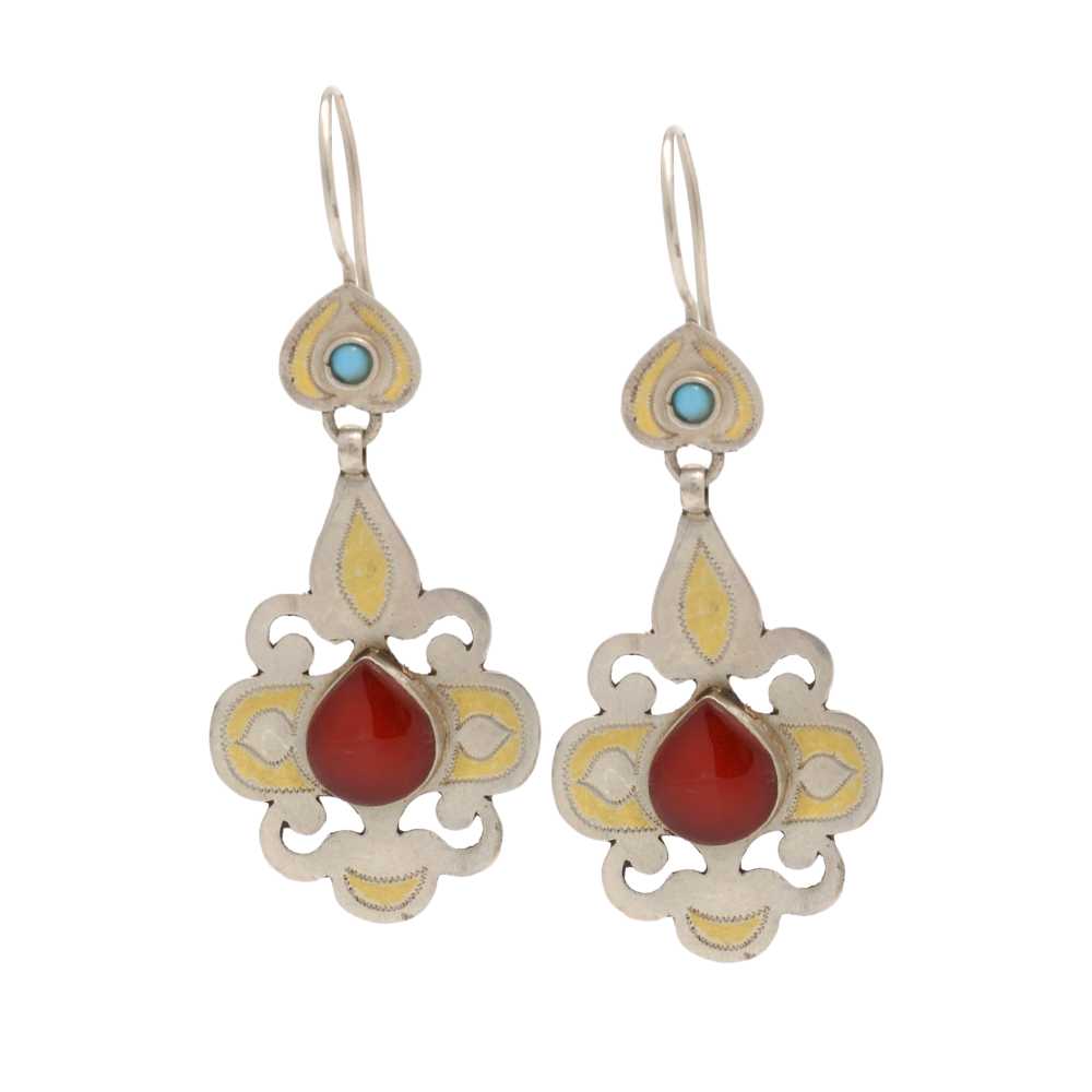 Orecchini turkmeni in argento, corniole e turchesi