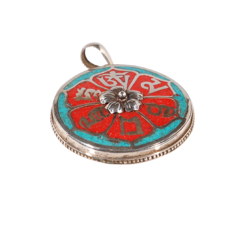 Pendente om con turchese e corallo
