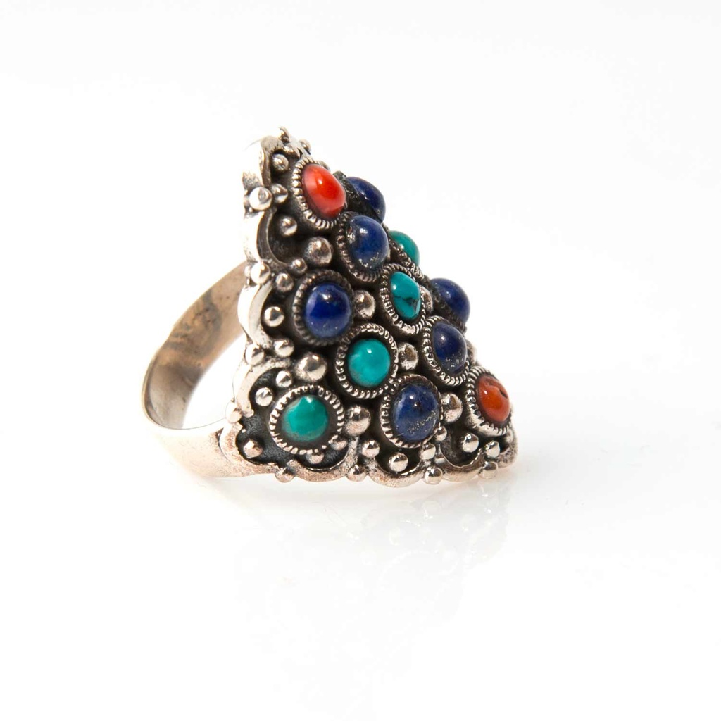 Anello rombo in argento, turchese, lapis e corallo