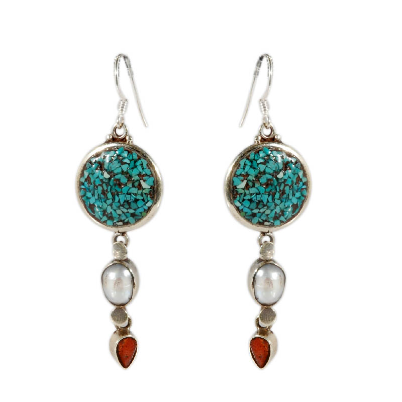 Orecchini in argento, corallo, turchese e perle