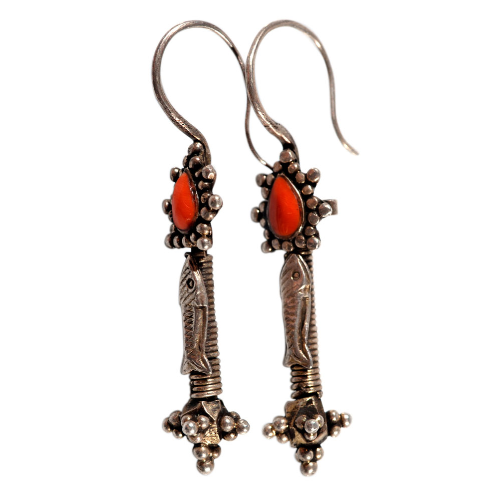 [EL_000423] Orecchini turkmeni in argento e corallo con pesci